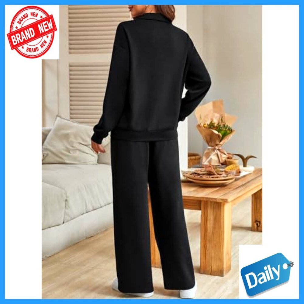 Women's 2-Piece Lounge Set Polo Collar Sweatshirt Straight Leg Sweatpants - Picture 4 of 7